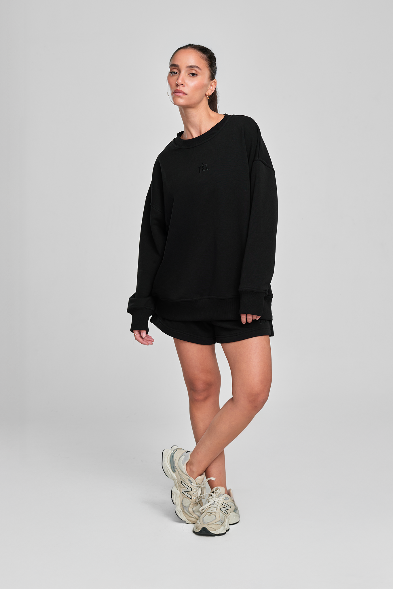 חולצת COTTON ארוכה + מכנסי COTTON קצרים - MIDNIGHT BLACK