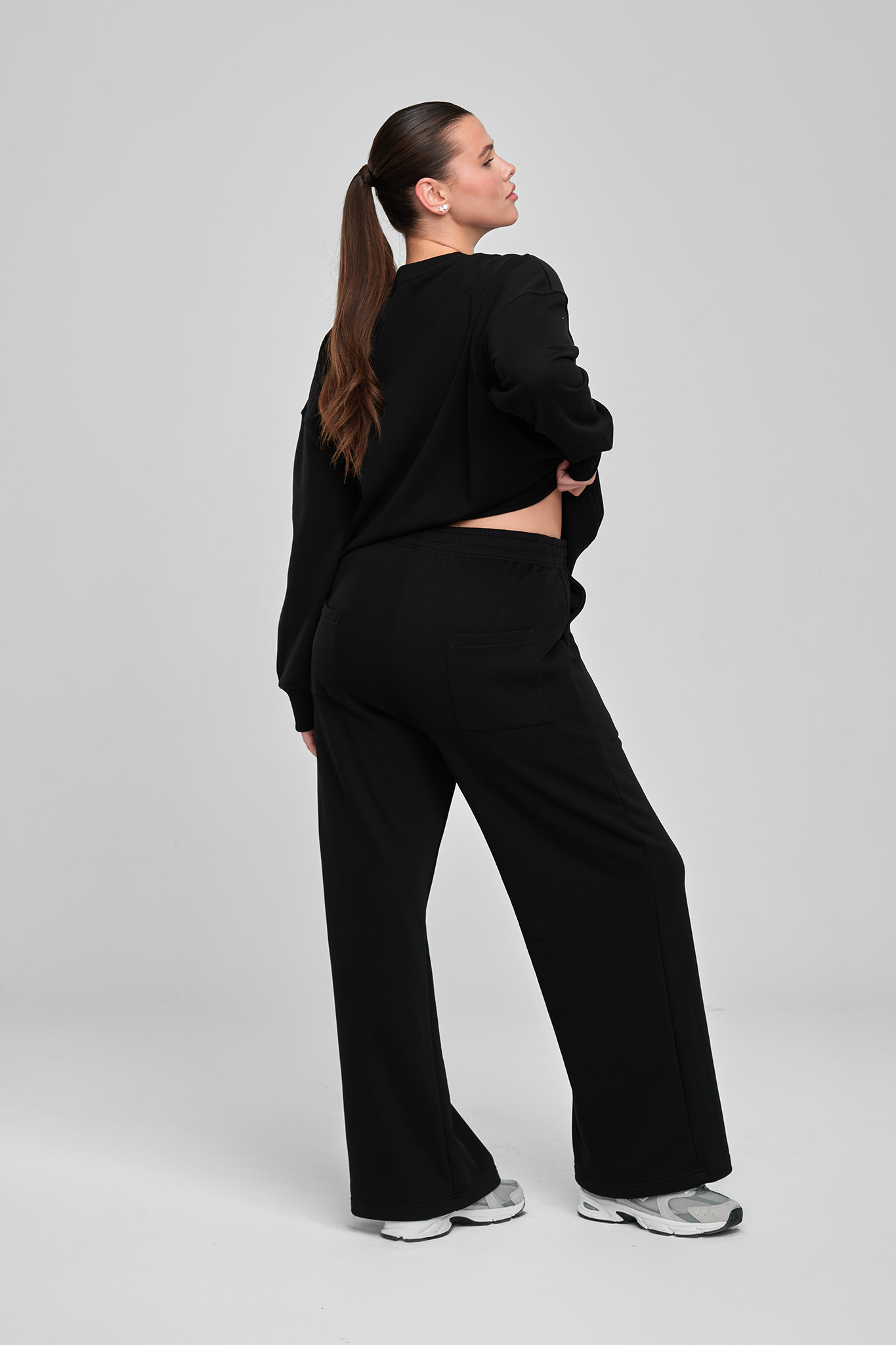 חולצת COTTON ארוכה + מכנסי COTTON רחבים - MIDNIGHT BLACK